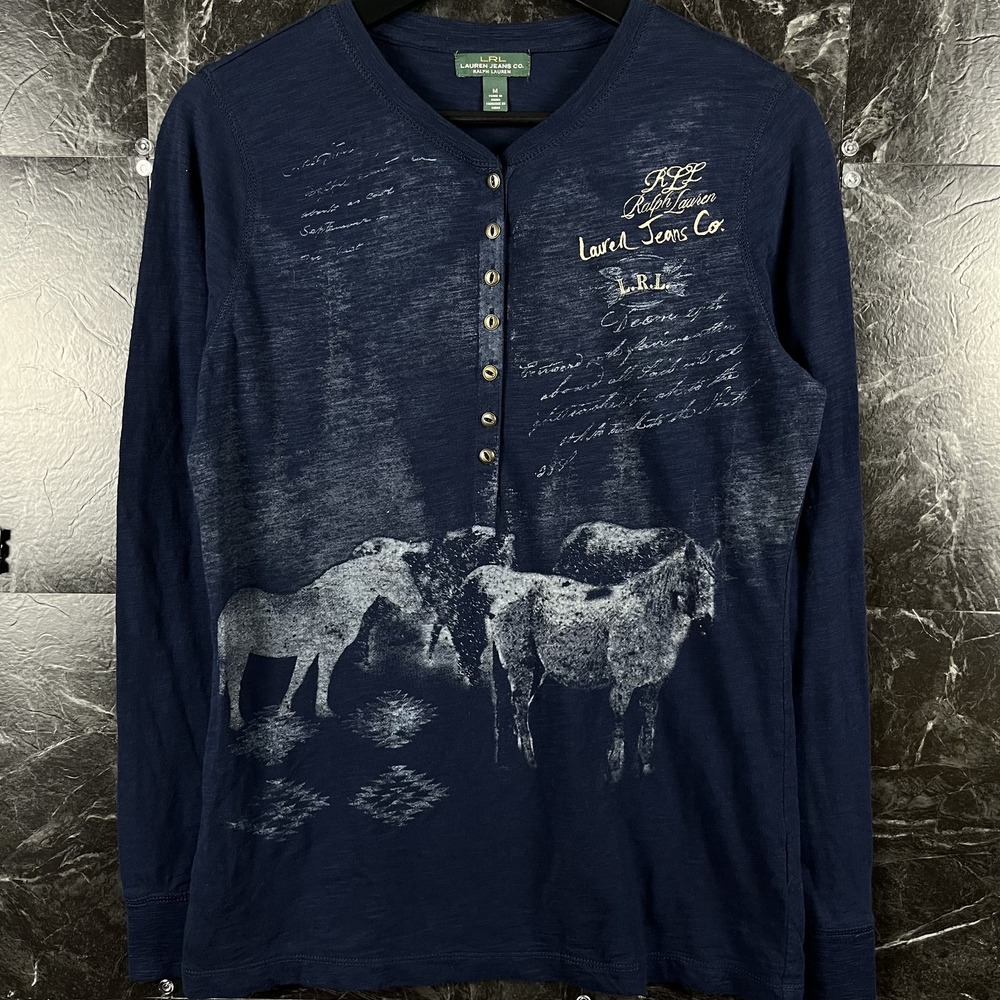 Polo Ralph Lauren Women's Vtg Horse Graphic Henley Shirt Medium